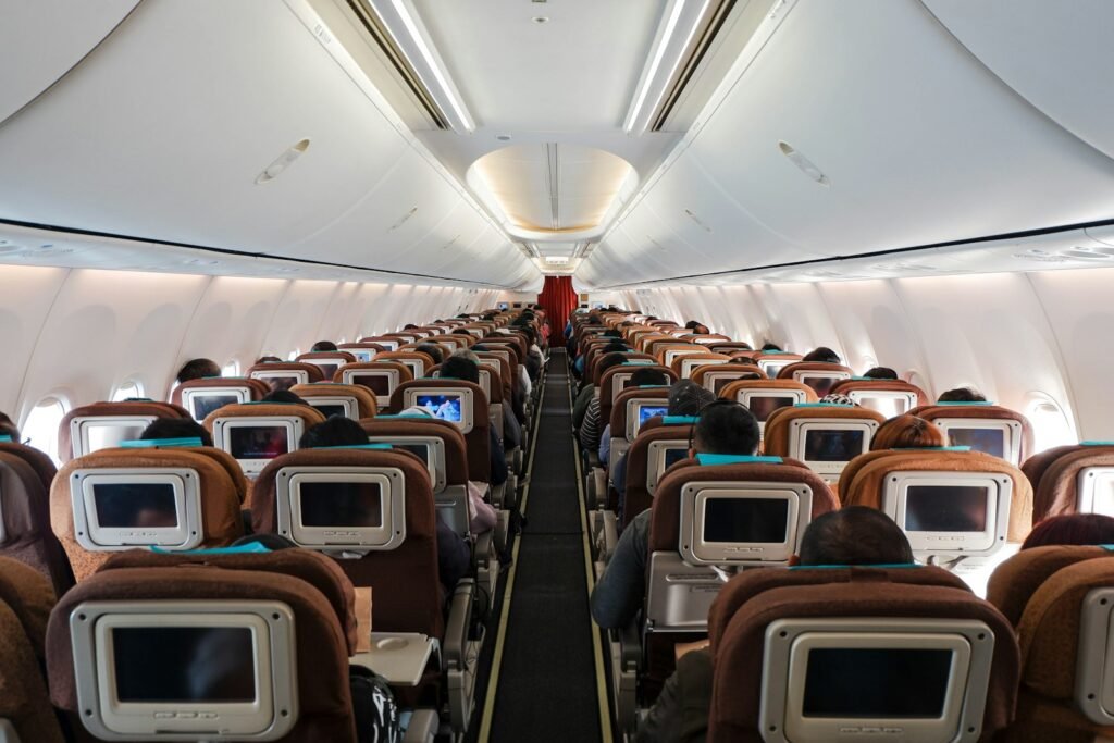 A row of empty seats in an airplane
