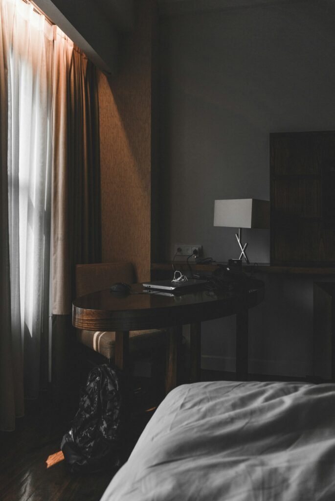 Laptop on a hotel desk