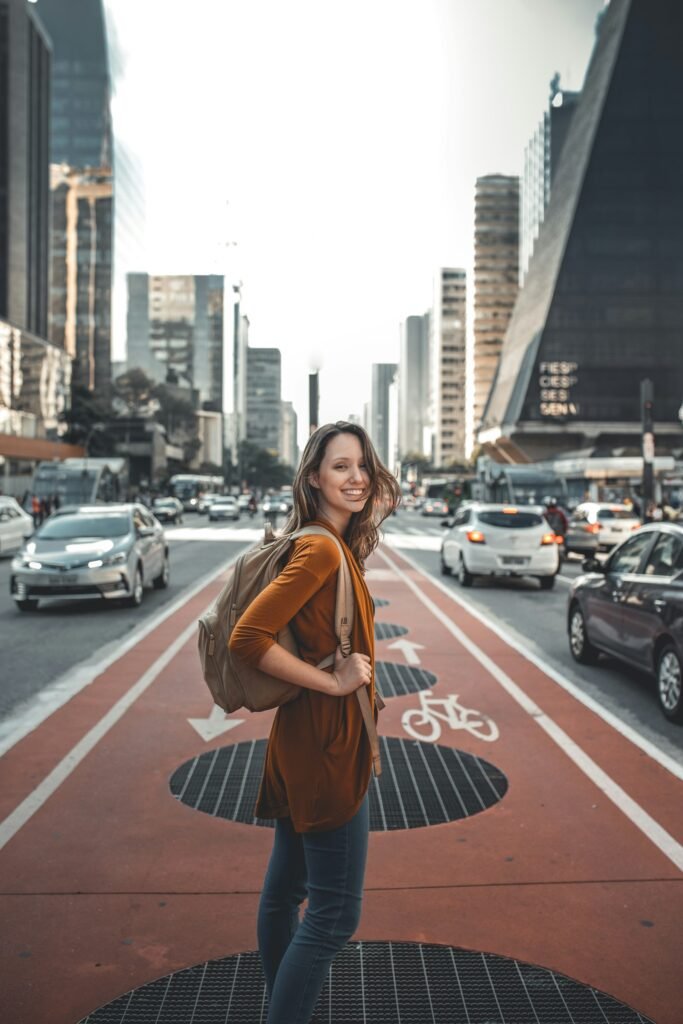 Traveller walking in a city in daylight